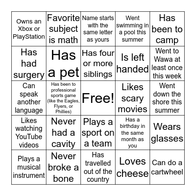 Get to Know Your Classmates Bingo Card