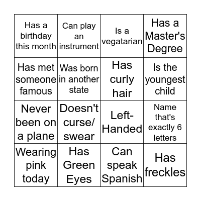 Scavenger Hunt- Meet your Buds Bingo Card