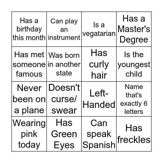 Scavenger Hunt- Meet your Buds Bingo Card