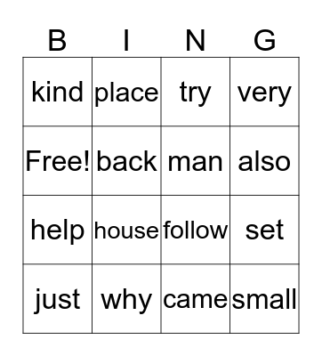 sight word Bingo Card