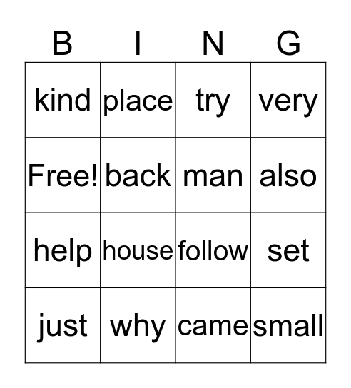 sight word Bingo Card