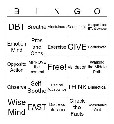 DBT Skills Bingo! Bingo Card