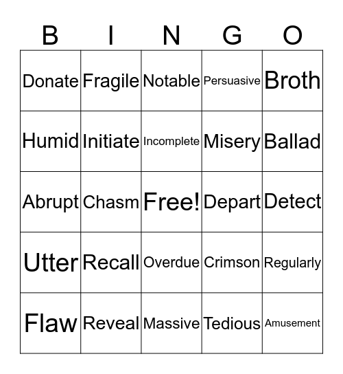 7th Grade Vocabulary Bingo Card