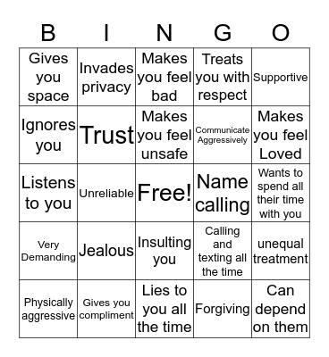 Relationship Red Flags Bingo Card