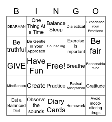 DBT   Bingo  Game Bingo Card