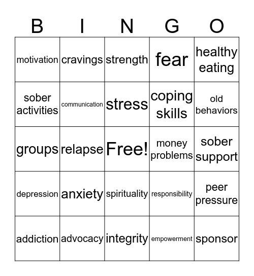 Sobriety Bingo Card