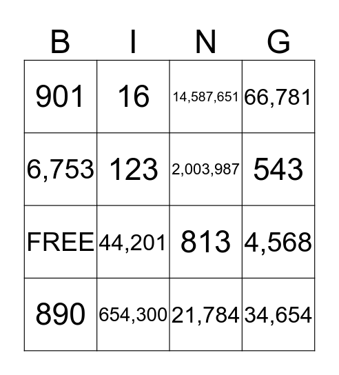 PLACE VALUE Bing Bingo Card