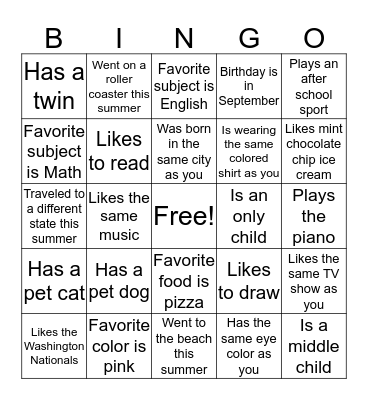 7th Grade Human Bingo Card