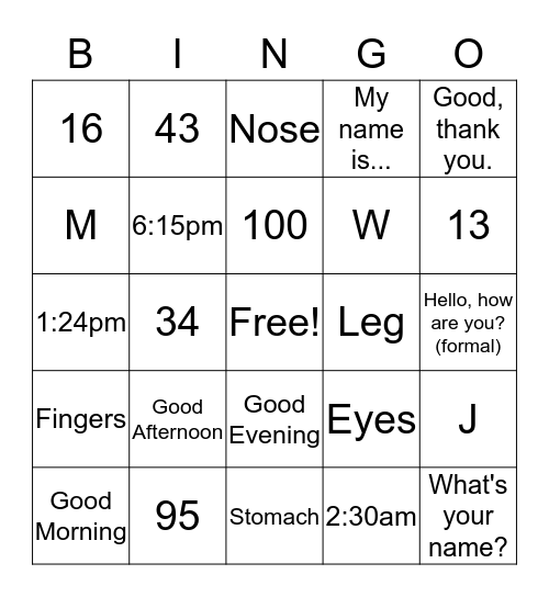 Spanish-English BINGO Card