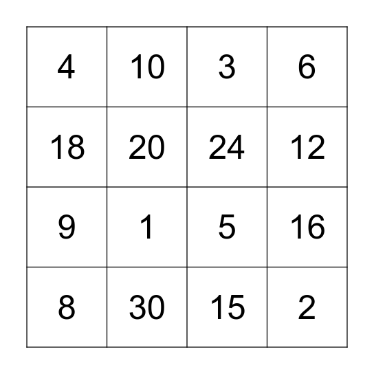 Multiplication Bingo Card