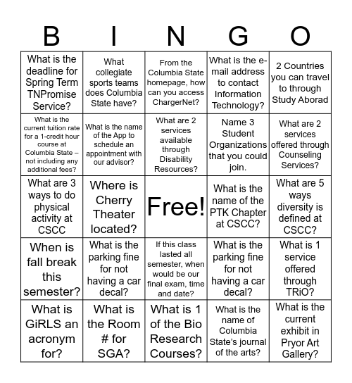 College Success Bingo Card