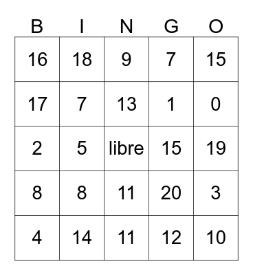 los numeros 0 - 20 Bingo Card