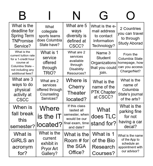 College Success Bingo Card