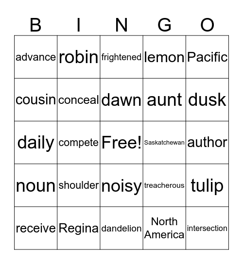 Vocabulary Bingo Card