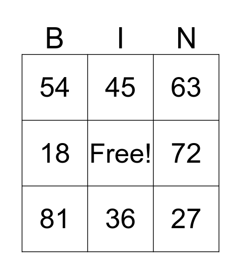 multiplication 9 Bingo Card