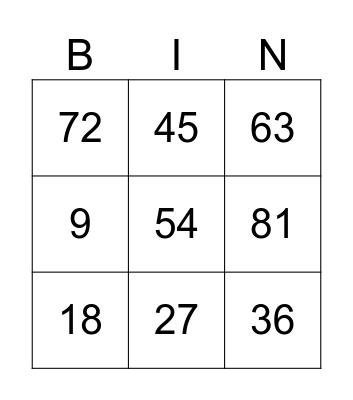 multiplication 9 Bingo Card