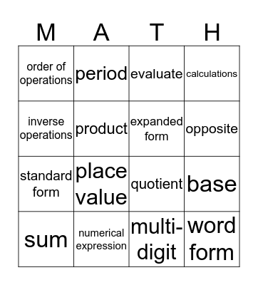 Chapter 1 GO MATH Vocabulary Bingo Card