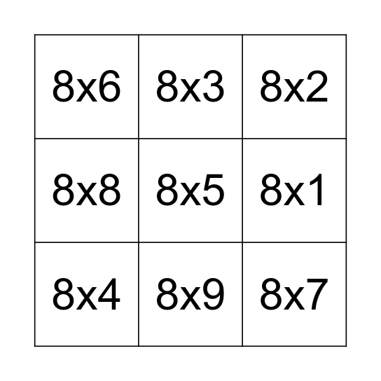 multiplication 8 Bingo Card