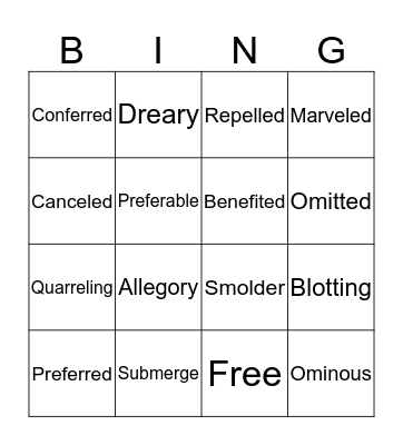 Spelling/Vocabulary Bingo Card