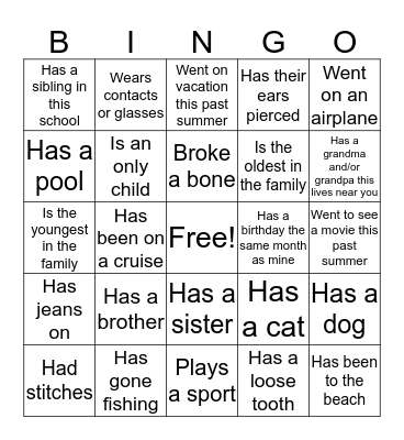 Getting to Know You! Bingo Card