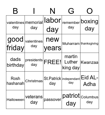 Holidays Bingo Card