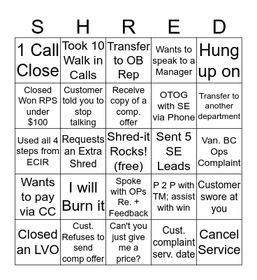 Shred-O Bingo Card