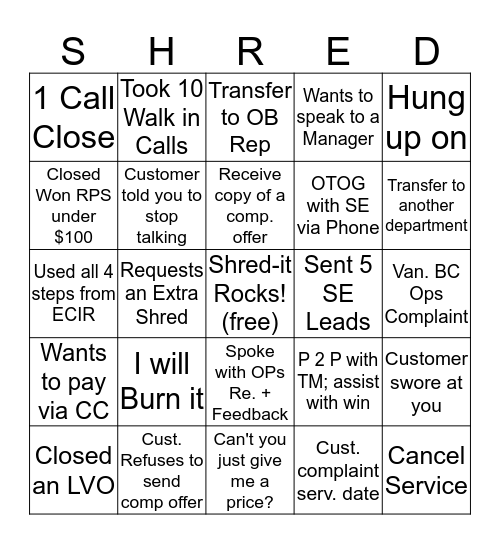 Shred-O Bingo Card
