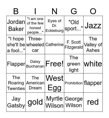 The Great Gatsby Ch. 1-3 Bingo Card