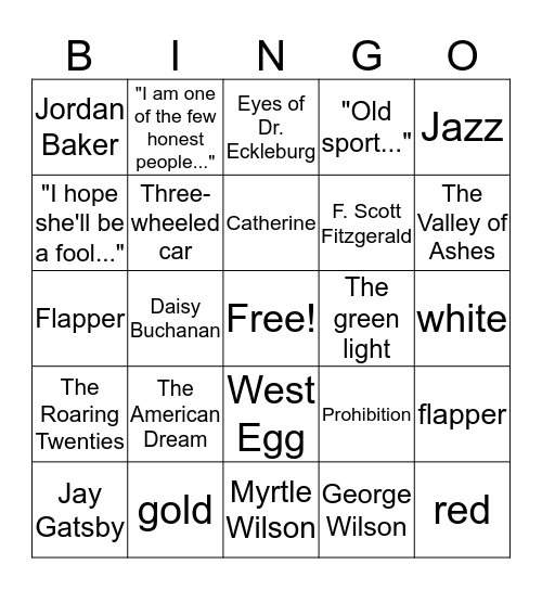 The Great Gatsby Ch. 1-3 Bingo Card