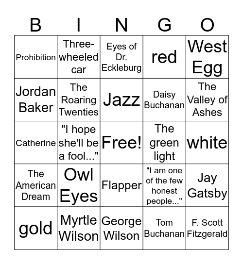 The Great Gatsby Ch. 1-3 Bingo Card
