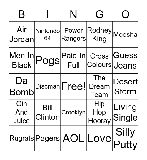 90's  Bingo Card