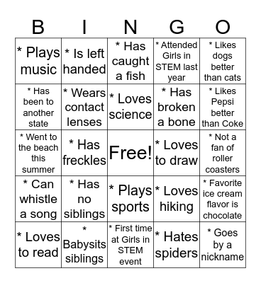 Girls in STEM Get to Know You BINGO Card