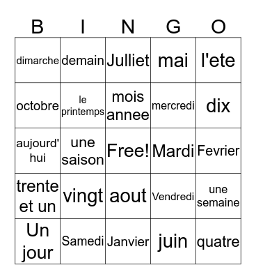 Le Calendrier Bingo Card