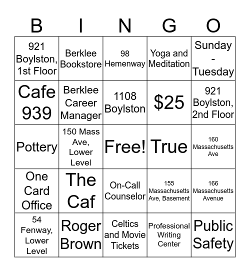 Berklee Resource Bingo Card