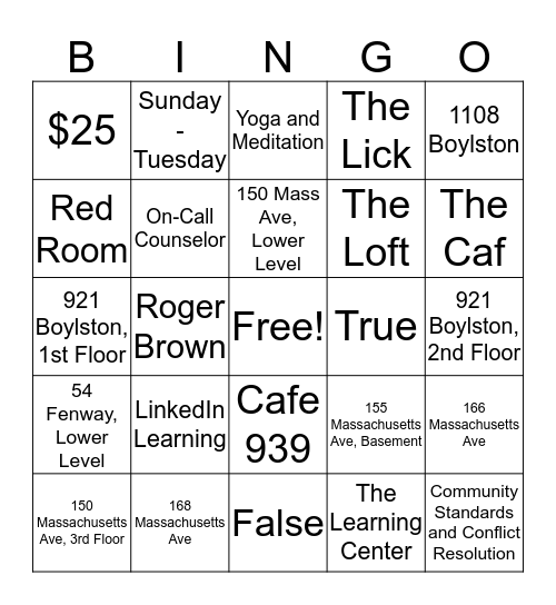 Berklee Resource Bingo Card