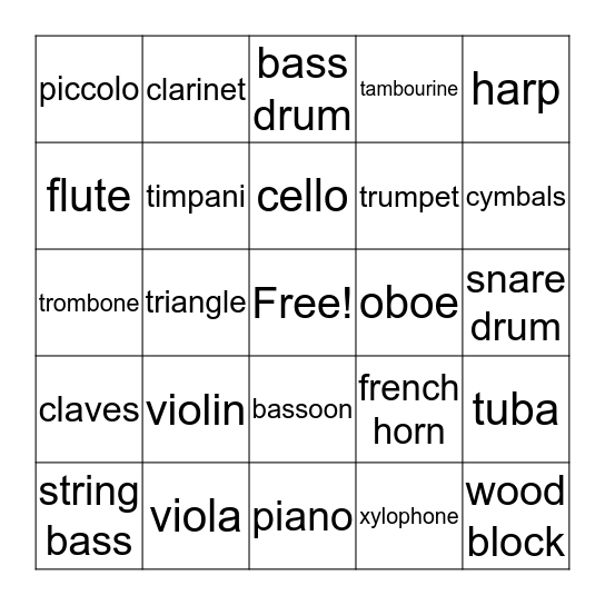Instruments of the Orchestra Bingo Card