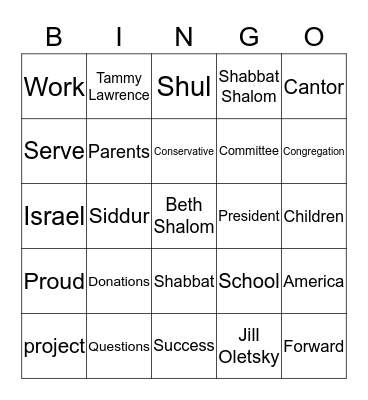 Beth Shalom Bingo Card