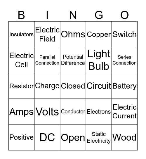 Electricity Bingo Card