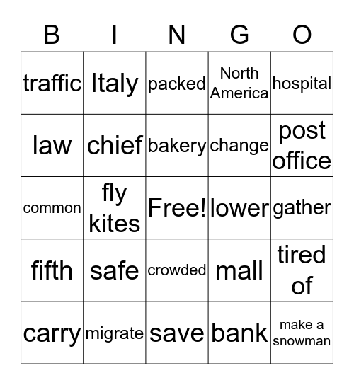 Vocabulary Review Unit 1-3 Bingo Card