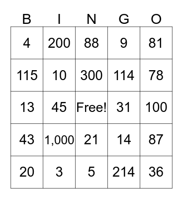 Number Bingo Card