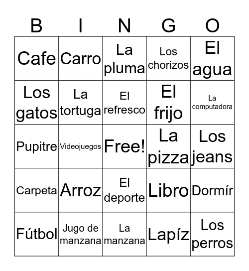 Espanol Bingo Card