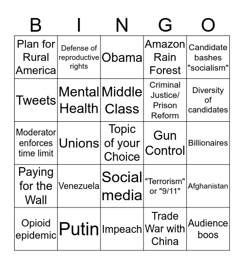 Democratic Primary Debate Bingo Card