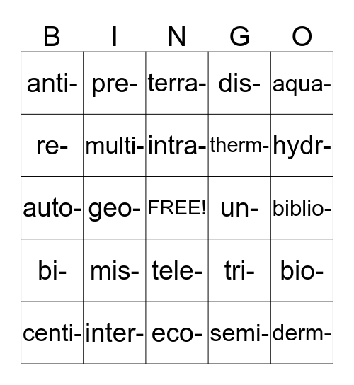 Prefix Bingo Card