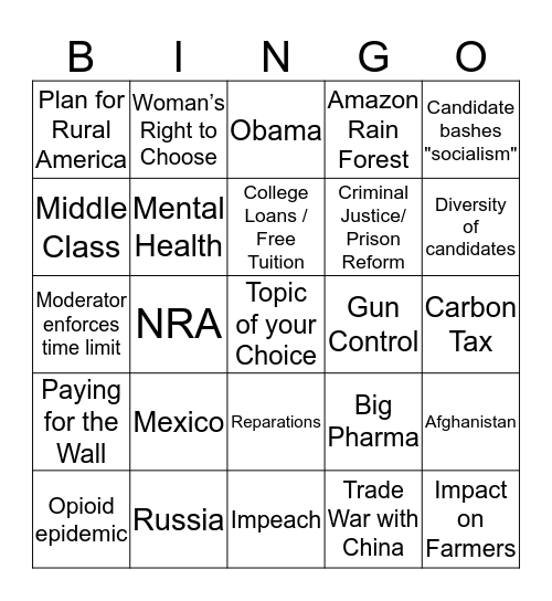 Democratic Primary Debate Bingo Card