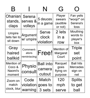 US Open Bingo! Bingo Card