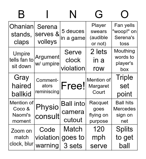 US Open Bingo! Bingo Card