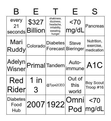 Tour de Cure 'Betes BINGO Card