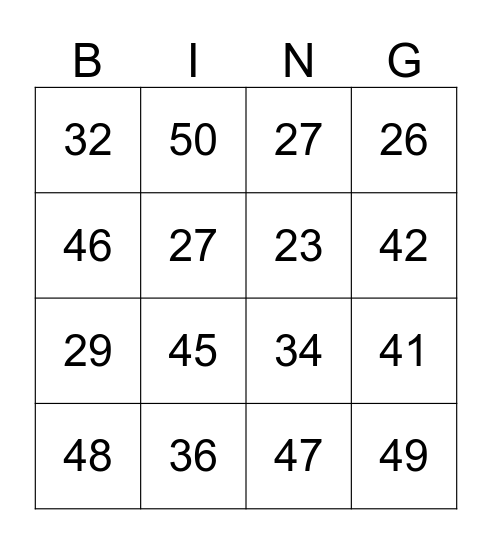 Number Bingo 20-50 Bingo Card