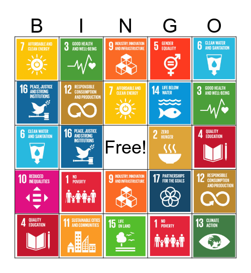 UN Sustainable Development Goals Bingo Card