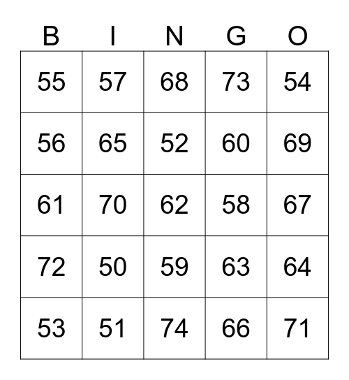 Numbers 50-74 Bingo Card